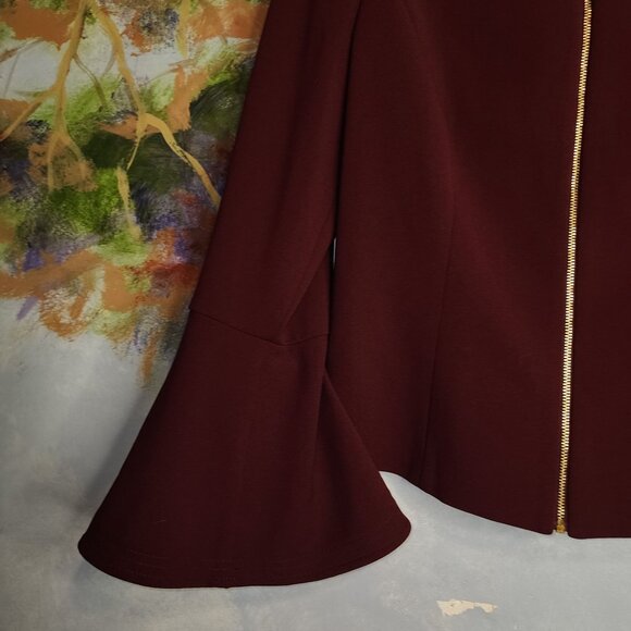 Calvin Klein Burgundy Bell Sleeve Blazer Jacket Gold Zipper Women's 8 - Picture 2 of 10